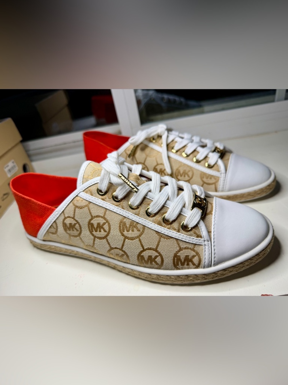Michael Kors Kristy Slide Espadrille Sneakers 9.5 Womens MK Logo Jaquard/Mand - Picture 14 of 15